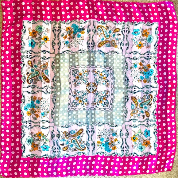 Pink Scarf polka dot & floral satiny nylon 38” square botanical business casual - Picture 3 of 4